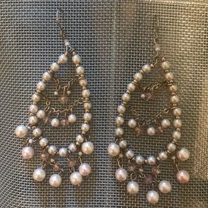 Pearl And Light Pink Stone Oval Dangle Earrings